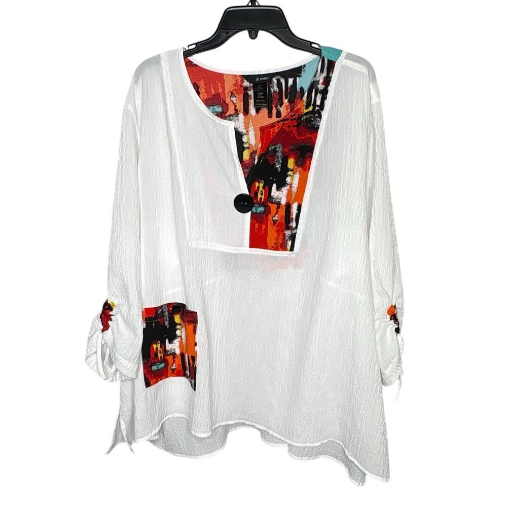 Ali Miles Artsy Lagenlook Crinkle Patch Pocket Cottage Blouse Tunic Size 3X